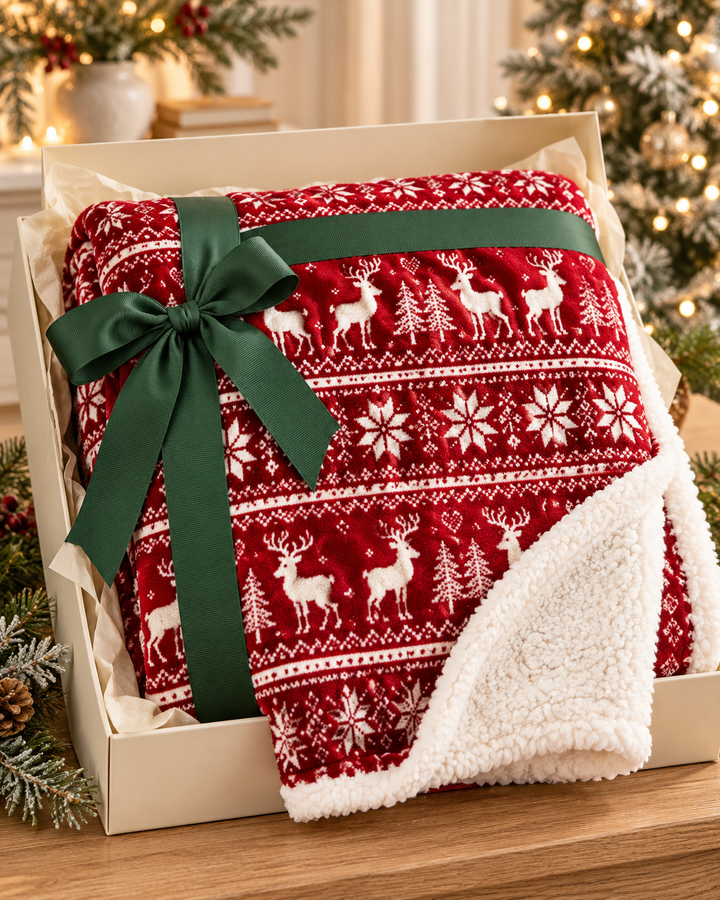 Fleece Christmas Blanket, Red and Green Knitted Stripe Gift