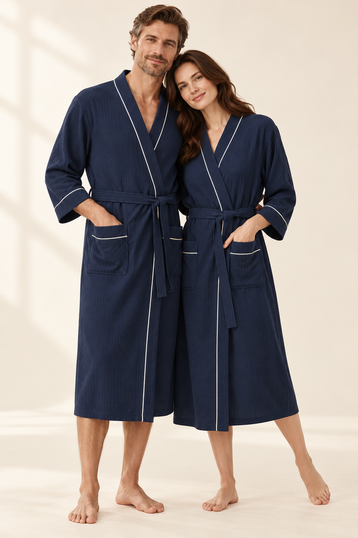 Matching Couples Robes, Long Waffle Kimono with Tie Belt