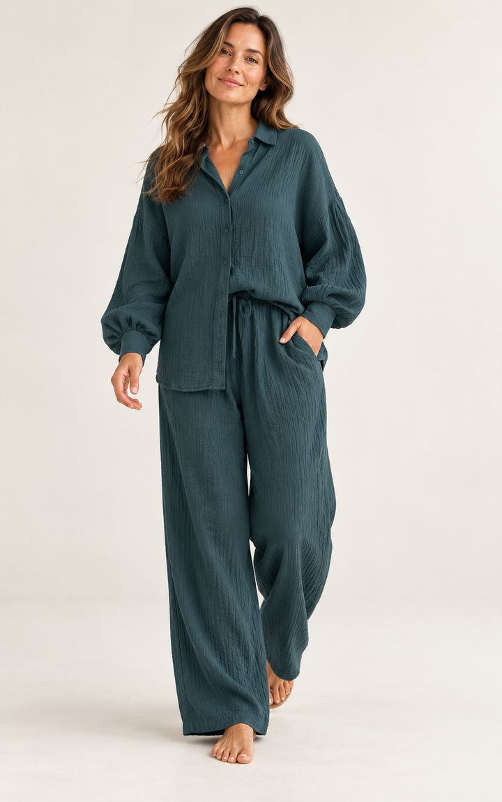 Cotton Lounge Set for Women, Oversized Shirt and Pants