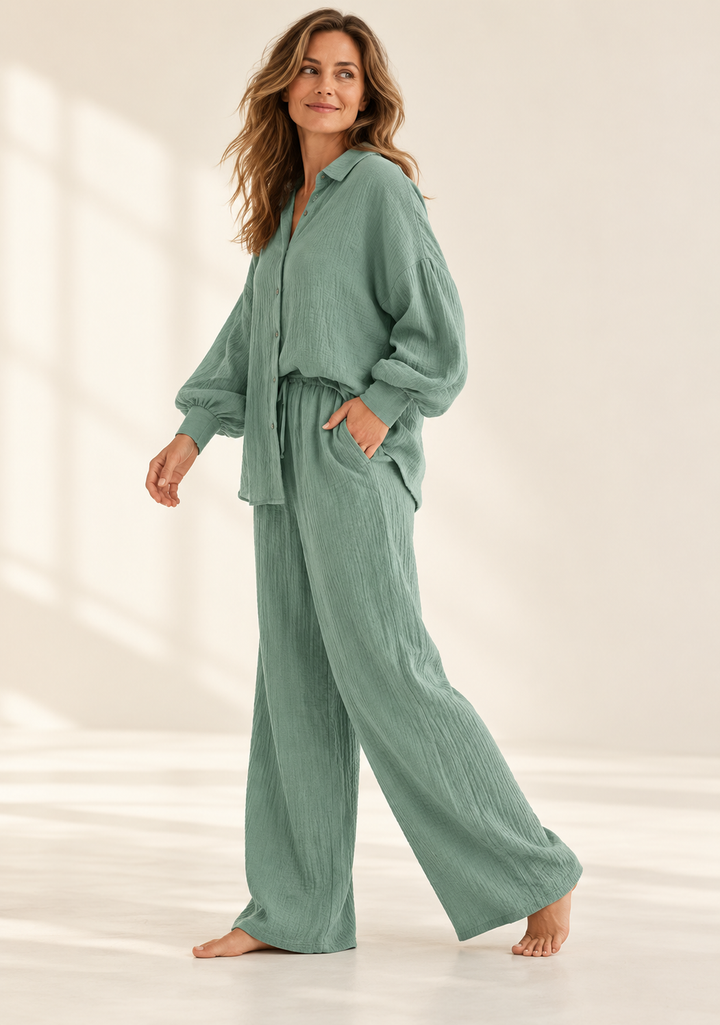 Cotton Lounge Set for Women, Oversized Shirt and Pants