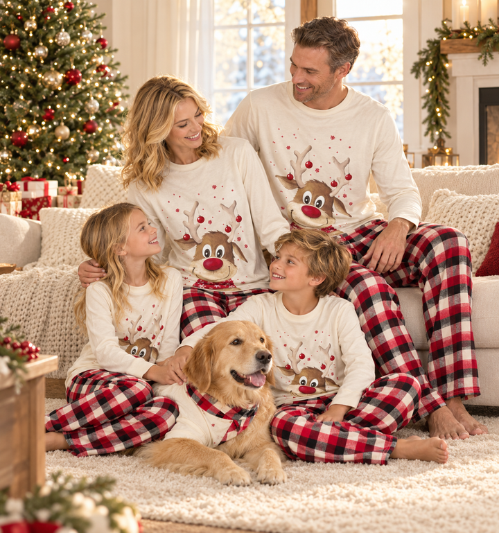 Family Christmas Pajamas, Matching Reindeer Print Sets with Plaid Pants