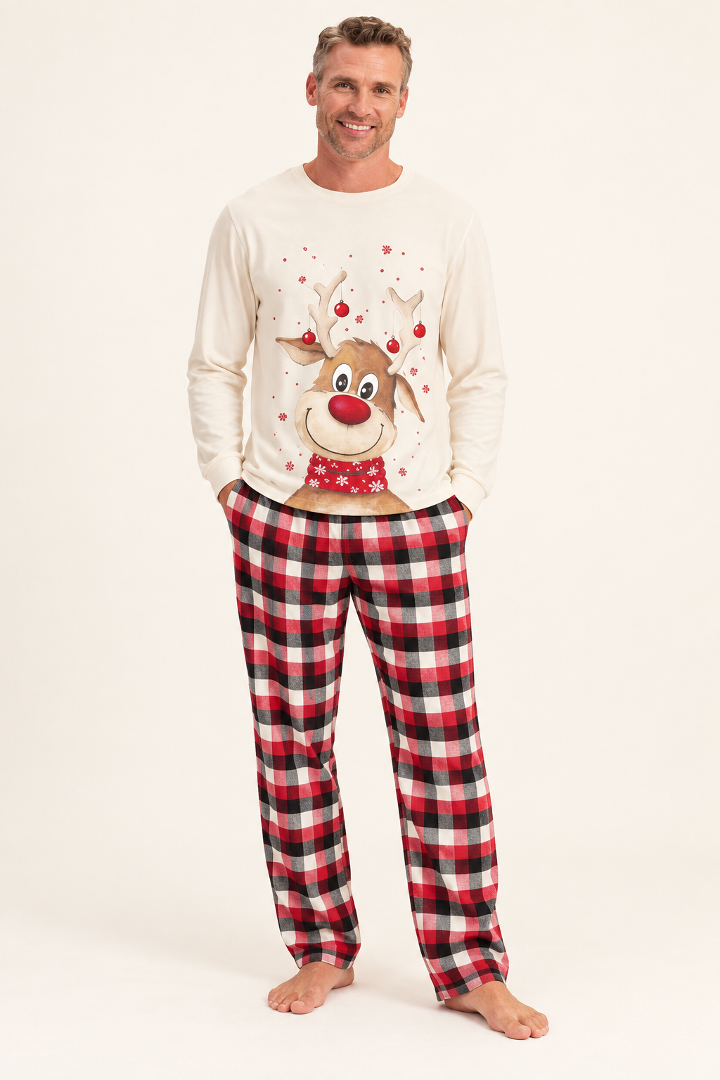 Family Christmas Pajamas, Matching Reindeer Print Sets with Plaid Pants