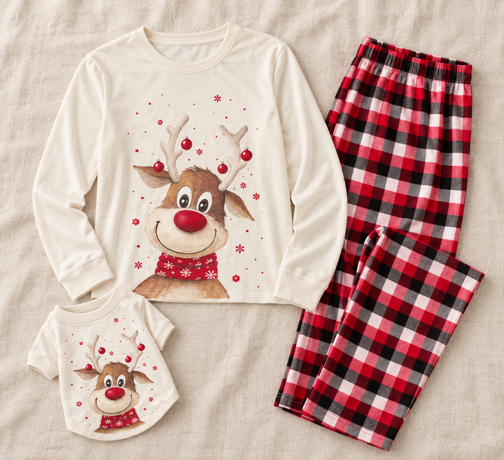 Family Christmas Pajamas, Matching Reindeer Print Sets with Plaid Pants