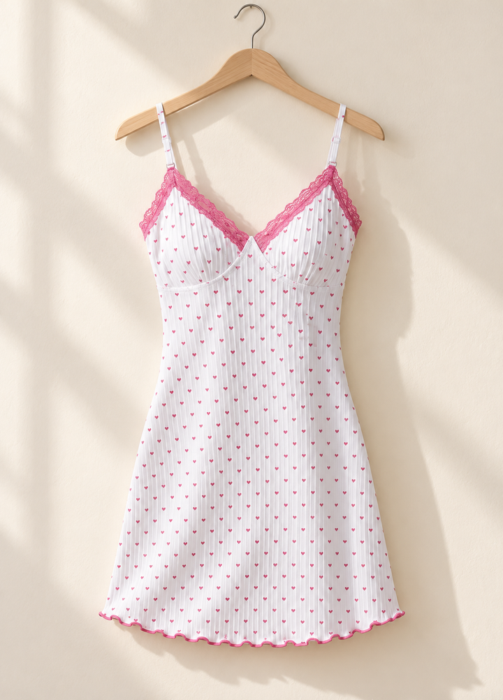 Heart Print Slip Nightgown for Women, Lace Trim Cami