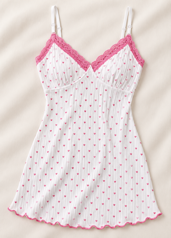 Heart Print Slip Nightgown for Women, Lace Trim Cami