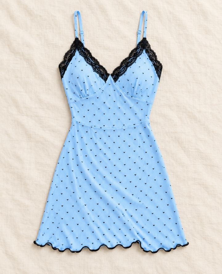 Heart Print Slip Nightgown for Women, Lace Trim Cami