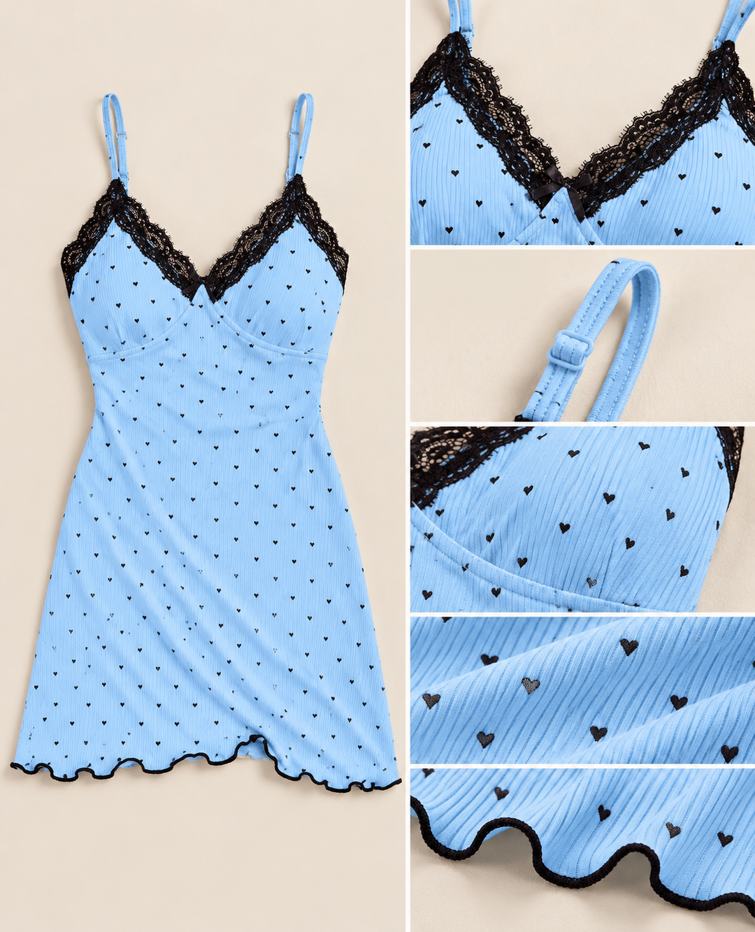 Heart Print Slip Nightgown for Women, Lace Trim Cami