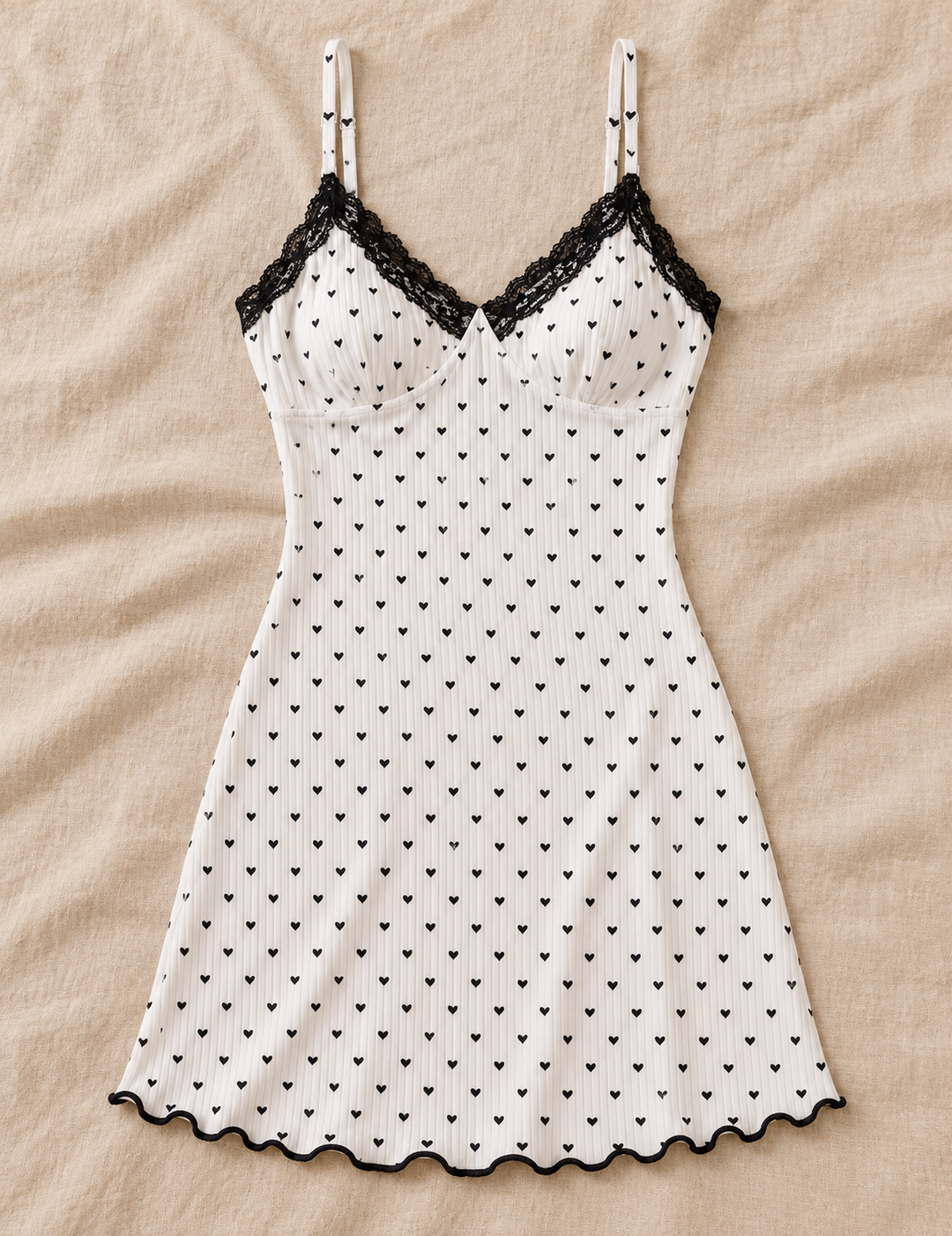 Heart Print Slip Nightgown for Women, Lace Trim Cami