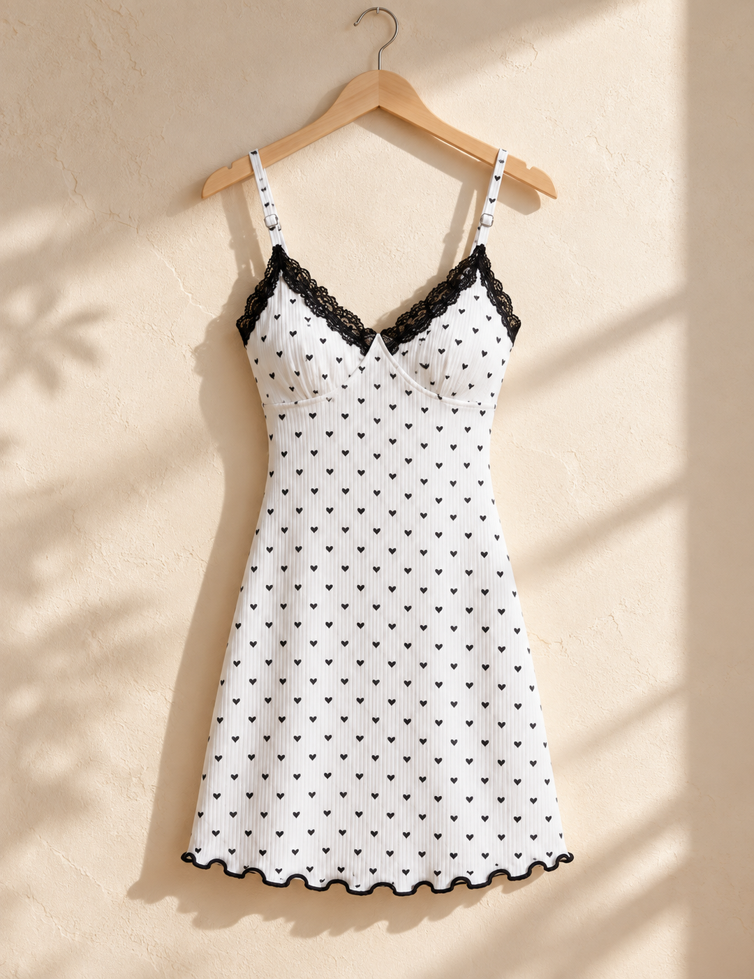 Heart Print Slip Nightgown for Women, Lace Trim Cami