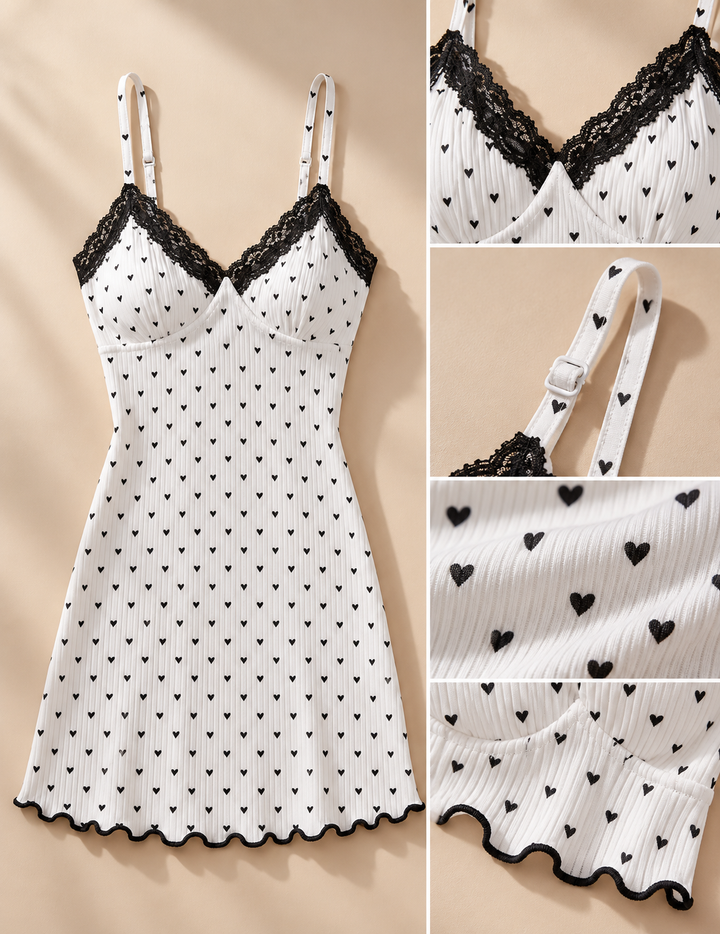 Heart Print Slip Nightgown for Women, Lace Trim Cami