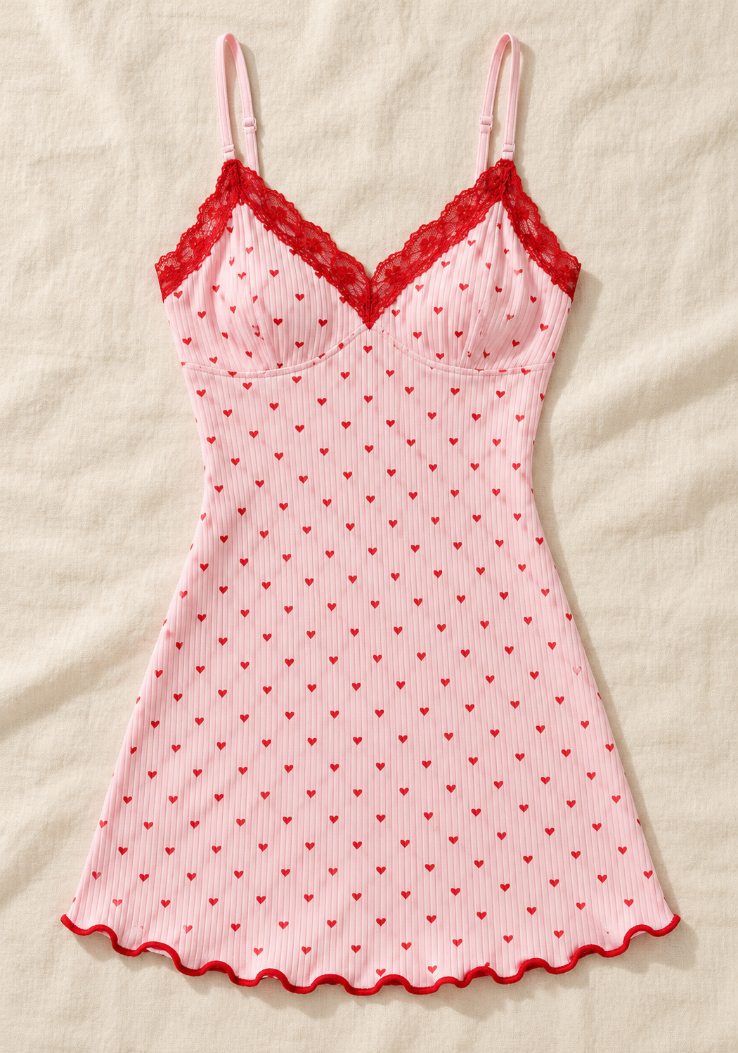 Heart Print Slip Nightgown for Women, Lace Trim Cami