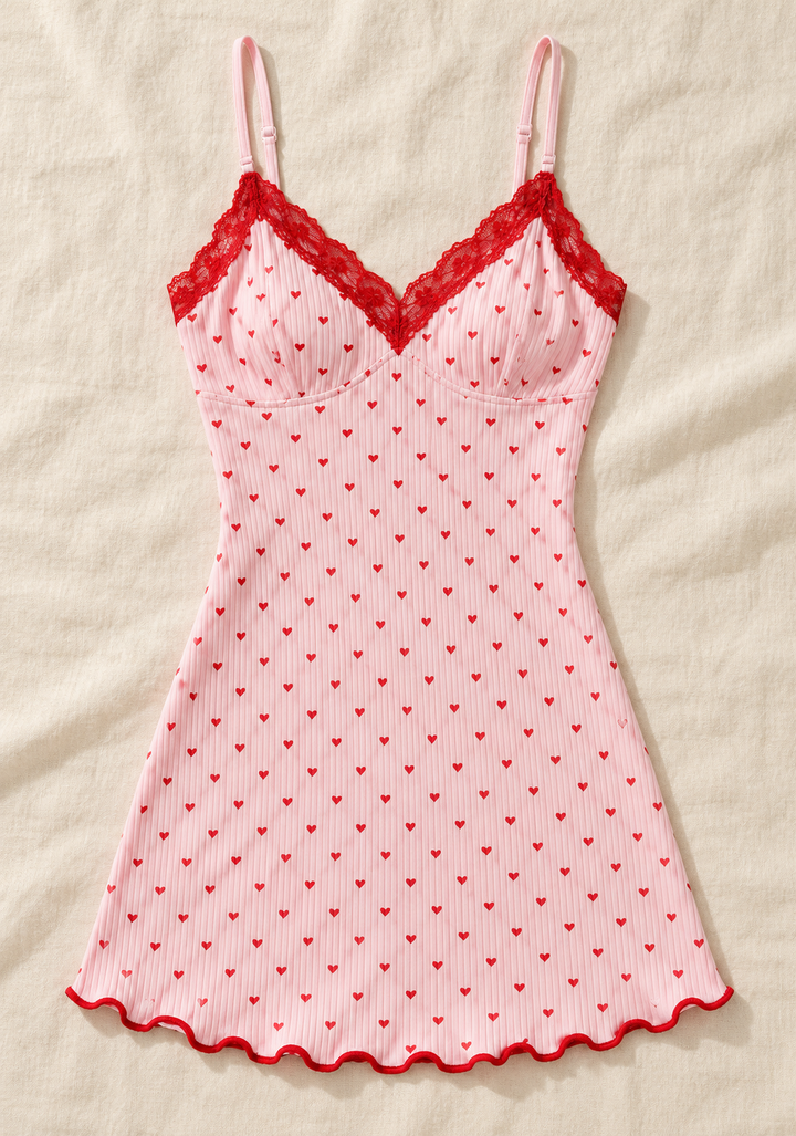 Heart Print Slip Nightgown for Women, Lace Trim Cami