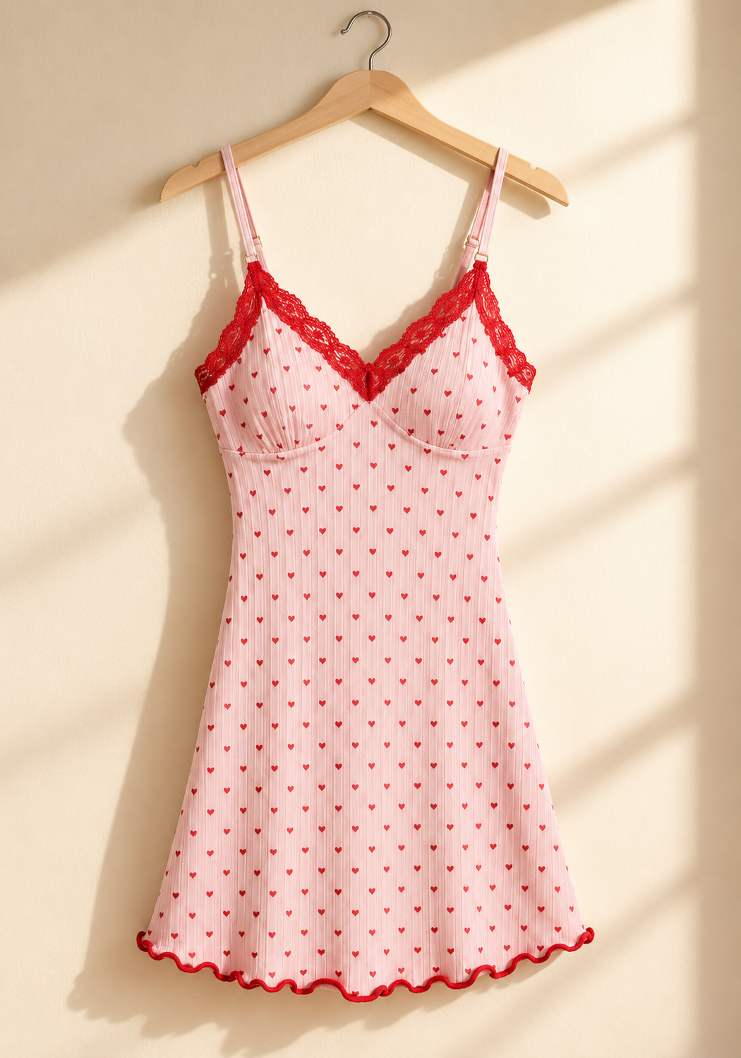 Heart Print Slip Nightgown for Women, Lace Trim Cami