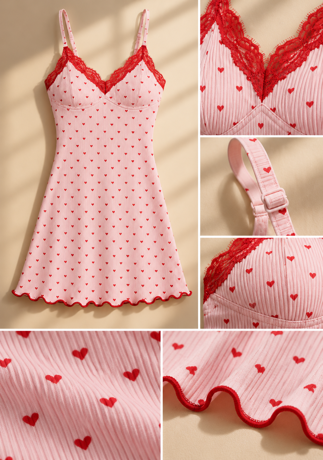 Heart Print Slip Nightgown for Women, Lace Trim Cami