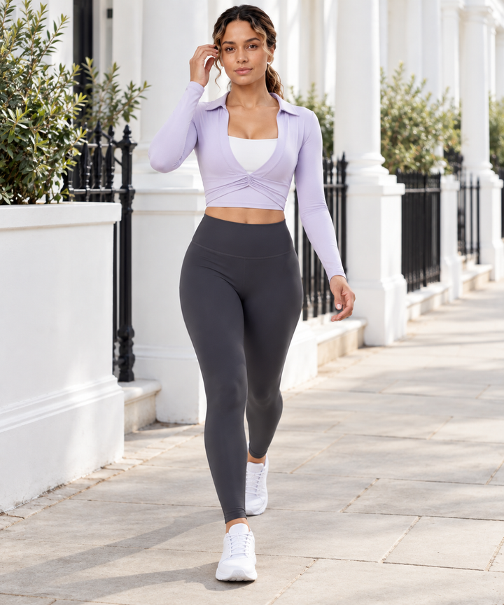 Cropped Workout Top for Women, Collared Long Sleeve Shrug