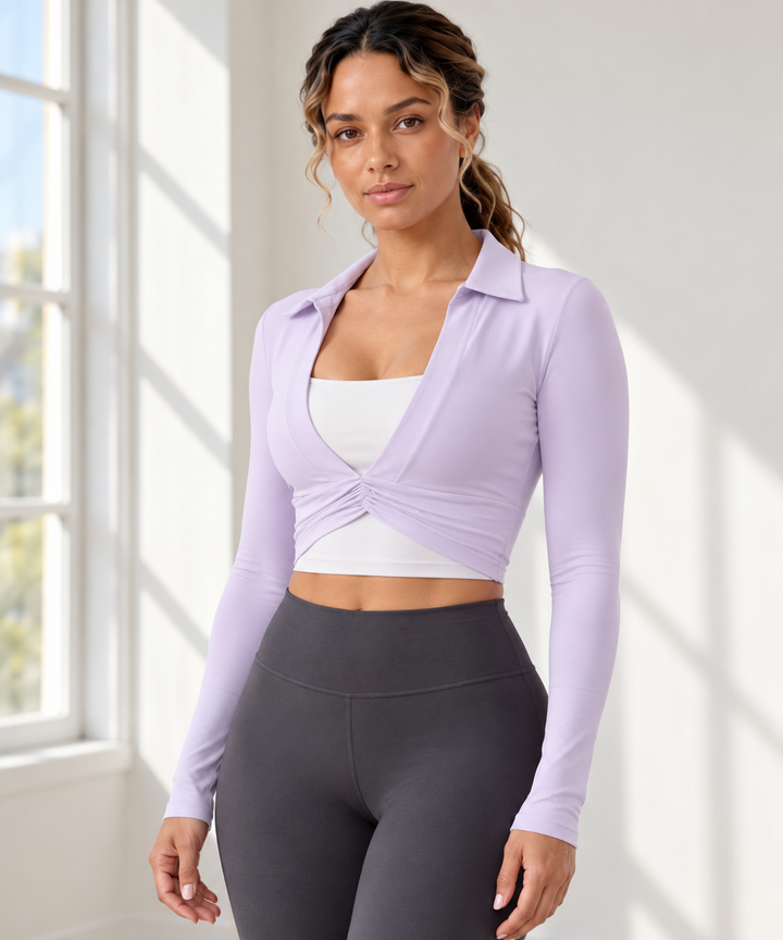 Cropped Workout Top for Women, Collared Long Sleeve Shrug