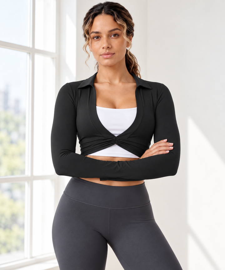 Cropped Workout Top for Women, Collared Long Sleeve Shrug