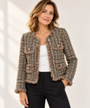 Women's Cropped Bouclé Tweed Jacket | Collarless, Gold Buttons