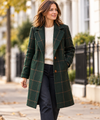 Women's Checked Coat | Dark Green Button-Front Wool-Look Coat