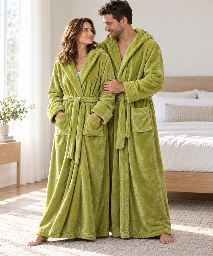 Matching Couples Robes, Long Hooded Plush Fleece with Belt