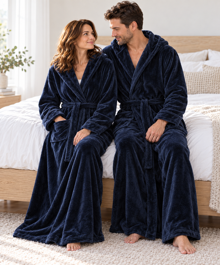 Matching Couples Robes, Long Hooded Plush Fleece with Belt