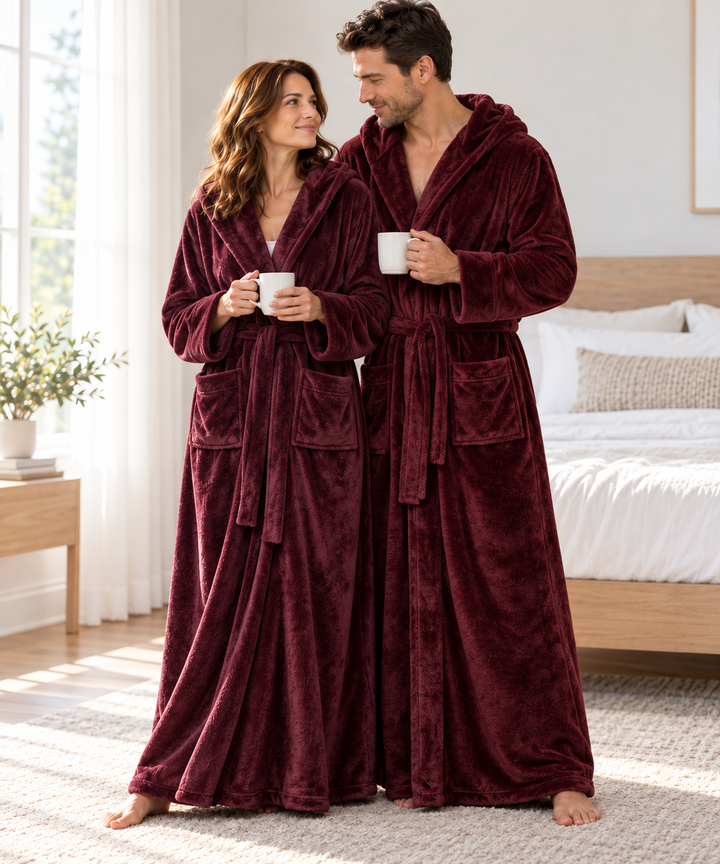 Matching Couples Robes, Long Hooded Plush Fleece with Belt