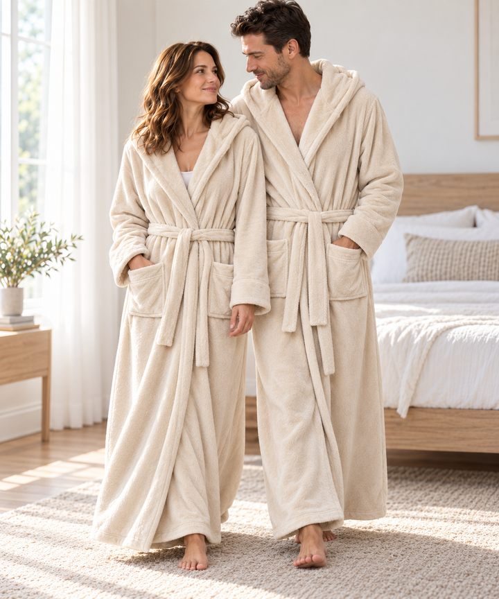 Matching Couples Robes, Long Hooded Plush Fleece with Belt