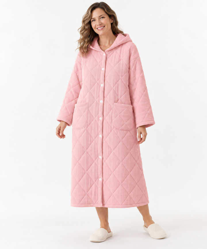 Quilted Hooded Robe for Women, Long Button-Down Housecoat