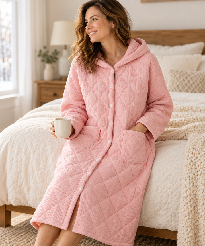 Quilted Hooded Robe for Women, Long Button-Down Housecoat