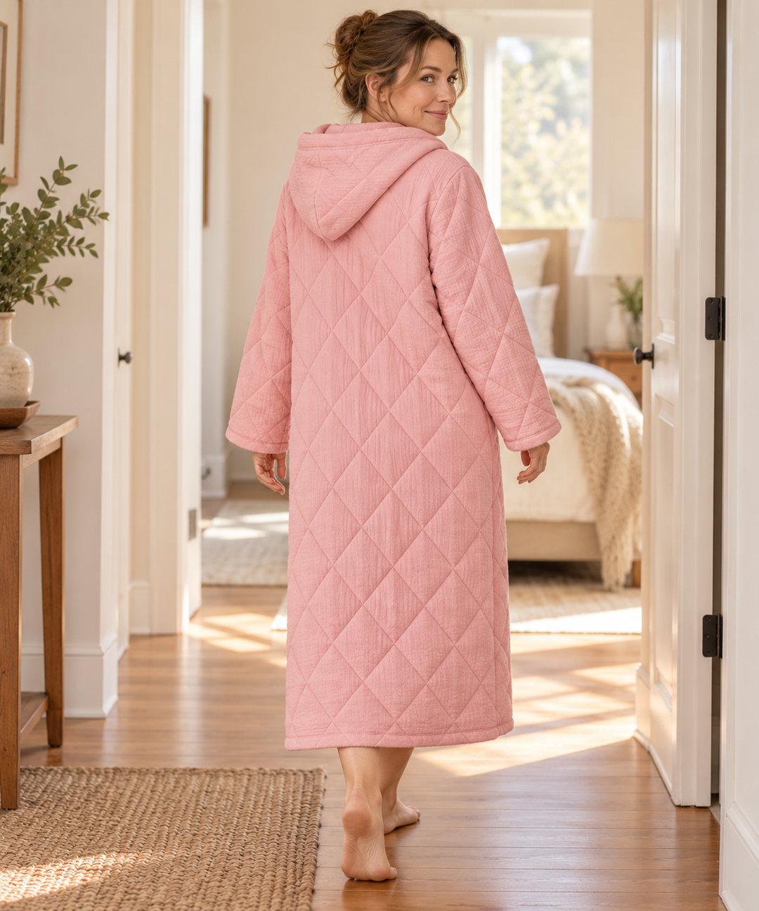 Quilted Hooded Robe for Women, Long Button-Down Housecoat