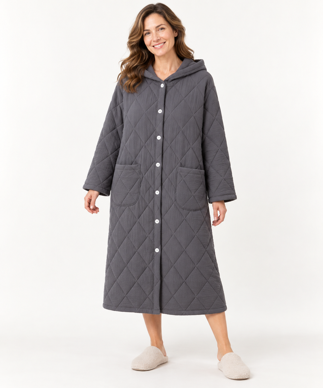 Quilted Hooded Robe for Women, Long Button-Down Housecoat