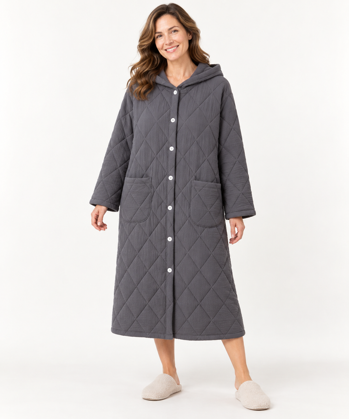 Quilted Hooded Robe for Women, Long Button-Down Housecoat