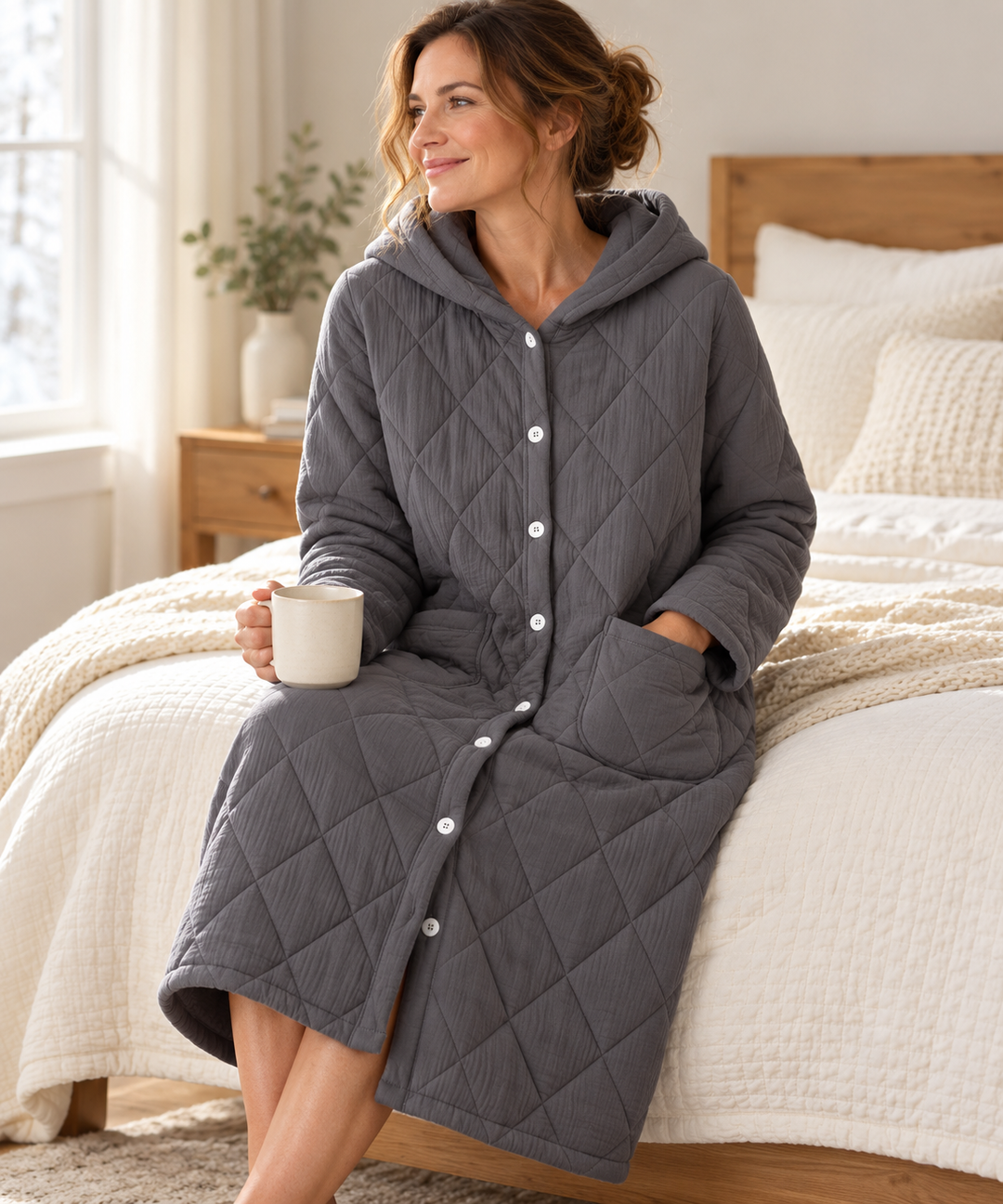 Quilted Hooded Robe for Women, Long Button-Down Housecoat