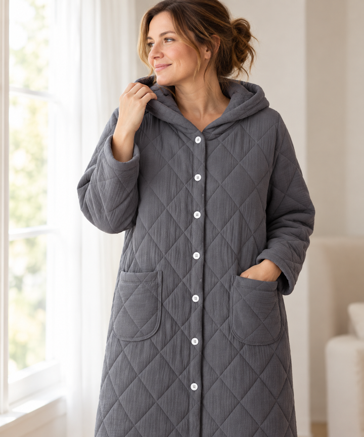 Quilted Hooded Robe for Women, Long Button-Down Housecoat