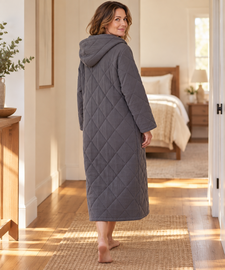 Quilted Hooded Robe for Women, Long Button-Down Housecoat