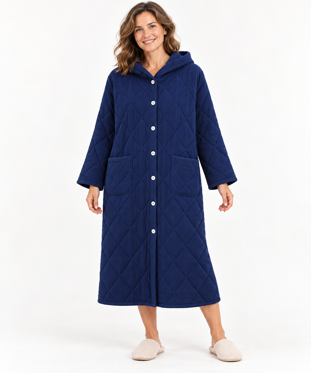 Quilted Hooded Robe for Women, Long Button-Down Housecoat