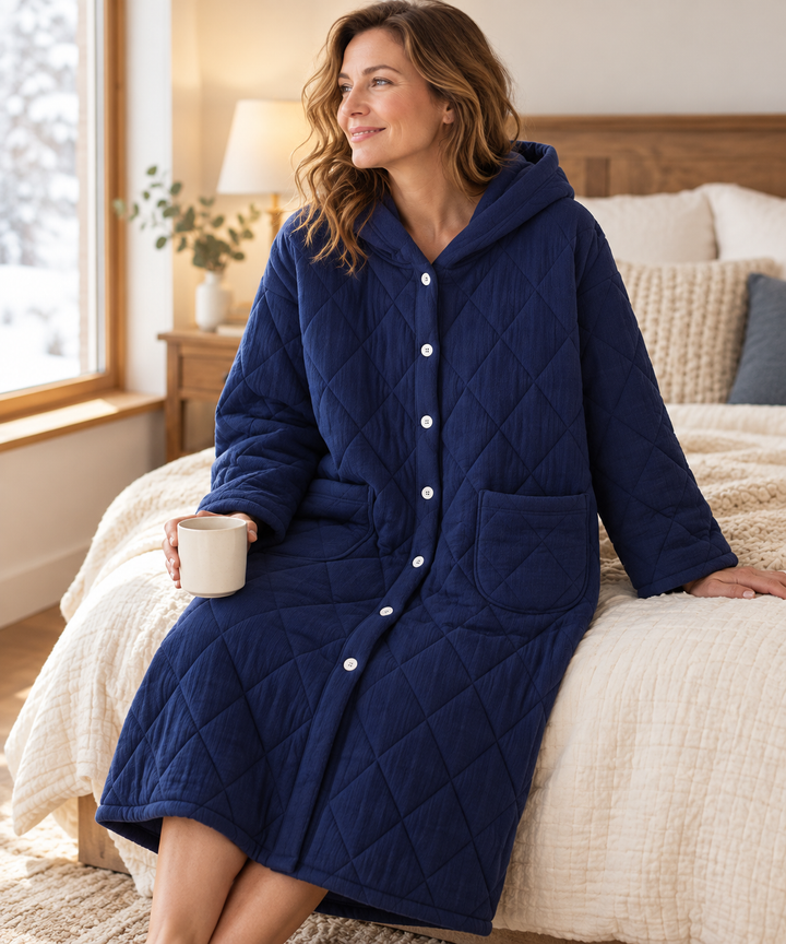 Quilted Hooded Robe for Women, Long Button-Down Housecoat