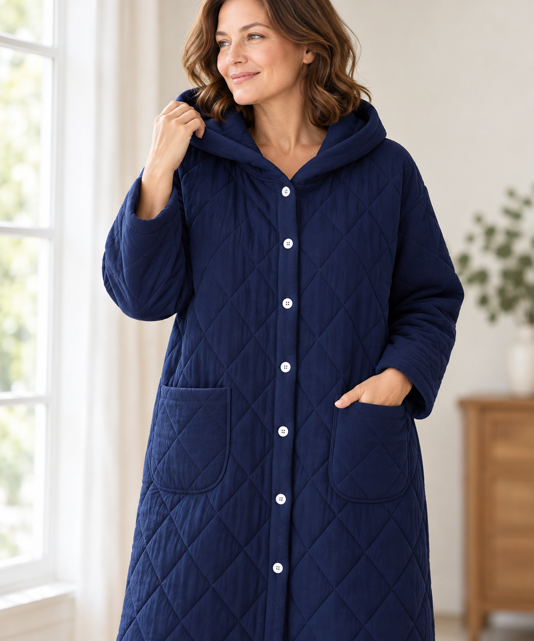 Quilted Hooded Robe for Women, Long Button-Down Housecoat