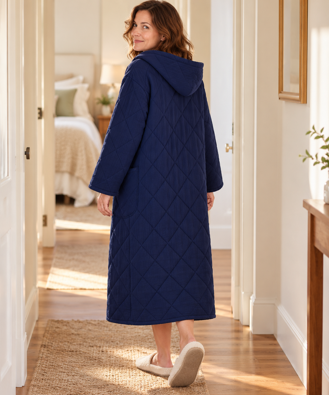 Quilted Hooded Robe for Women, Long Button-Down Housecoat