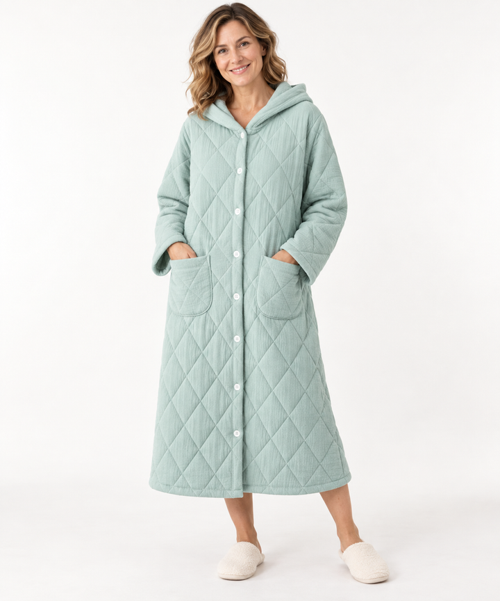 Quilted Hooded Robe for Women, Long Button-Down Housecoat