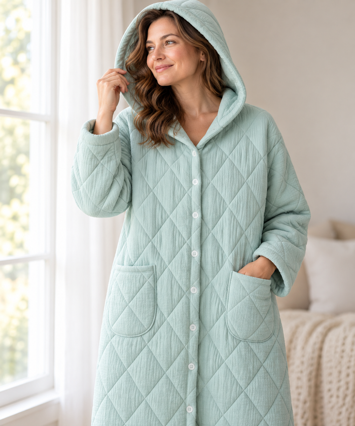 Quilted Hooded Robe for Women, Long Button-Down Housecoat