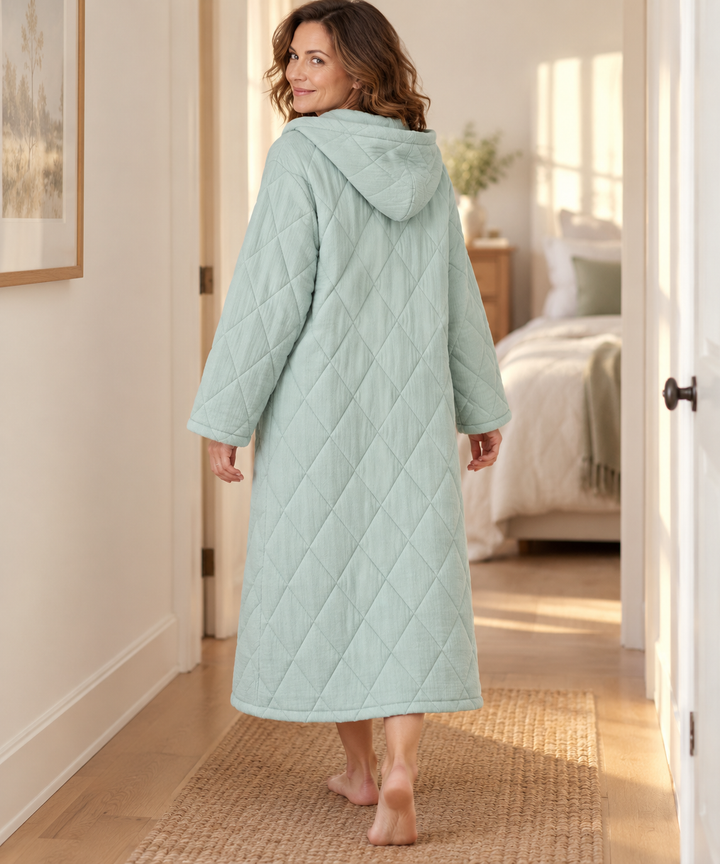 Quilted Hooded Robe for Women, Long Button-Down Housecoat