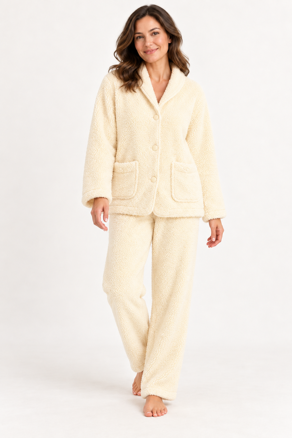 Coral Fleece Pajama Set for Women in Sky Blue, Button Front