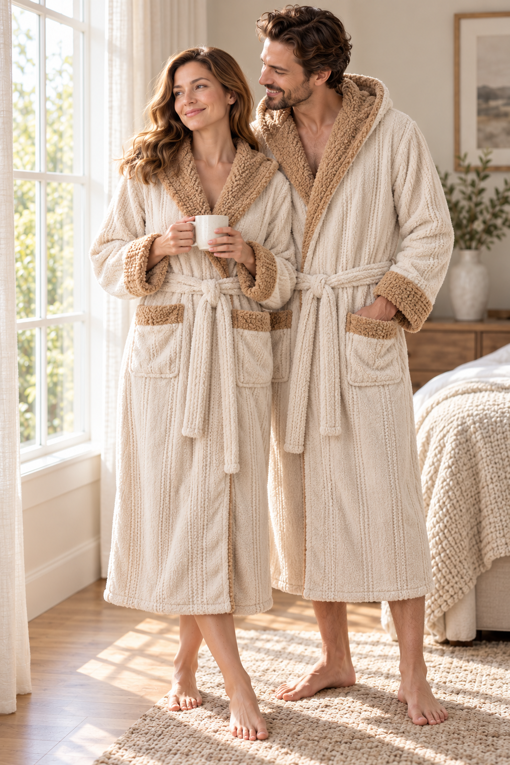 Long Hooded Flannel Robe for Men and Women, Matching Pair