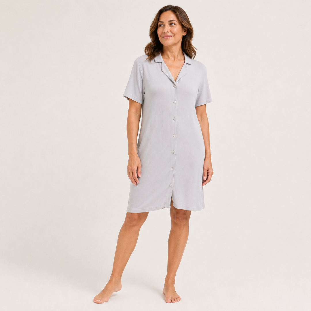 Ribbed Knit Nightshirt in Gray, Short Sleeve Sleep Shirt