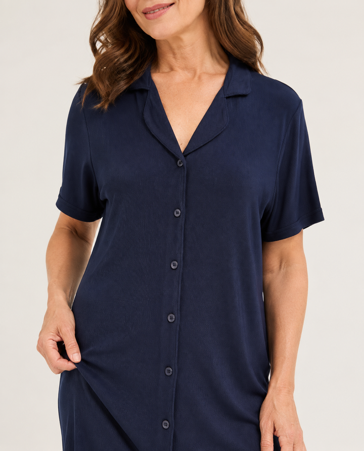 Ribbed Knit Nightshirt in Navy, Short Sleeve Sleep Shirt