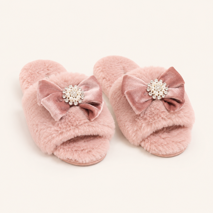 Faux Fur Slippers for Women in Pink, Velvet Bow Slip-On