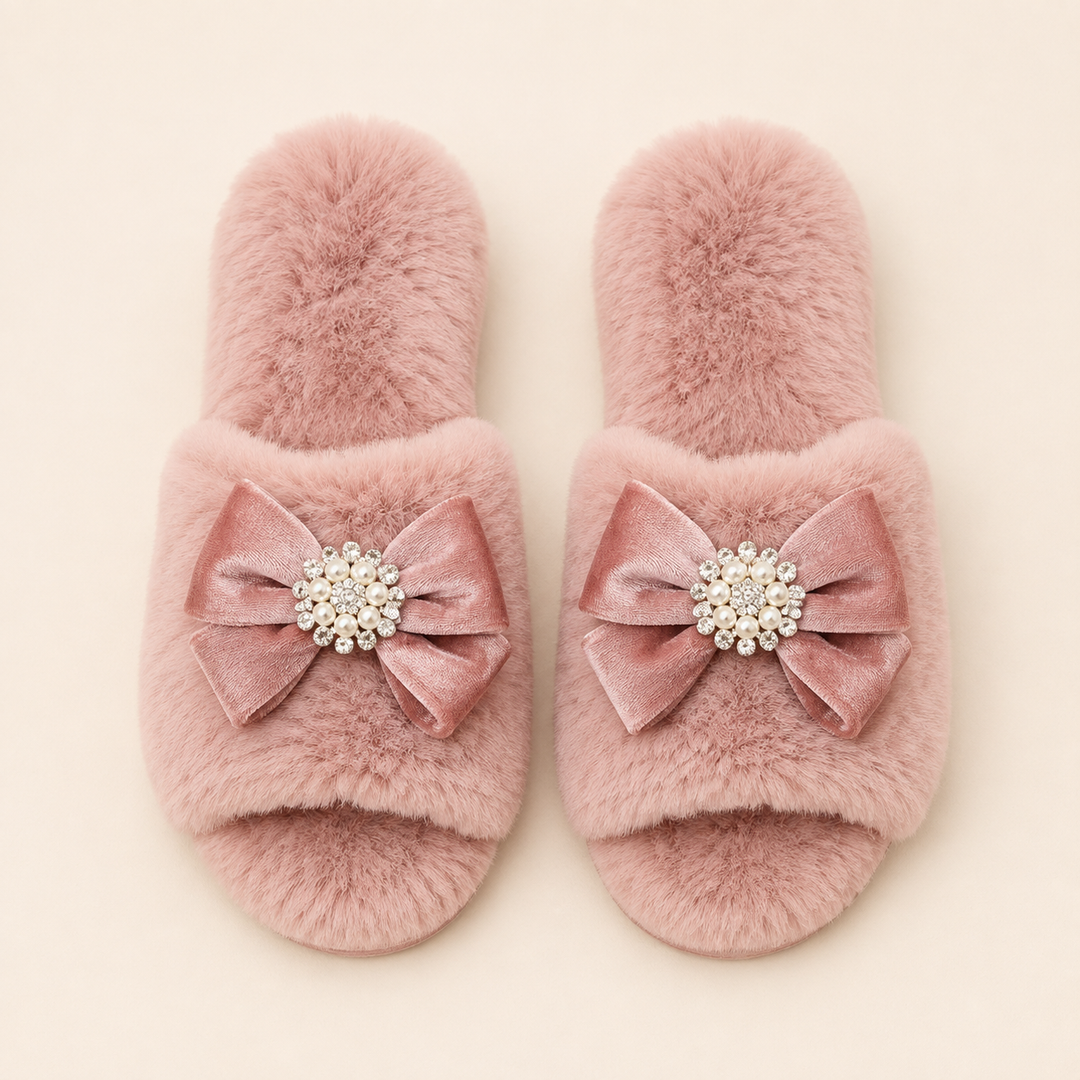Faux Fur Slippers for Women in Pink, Velvet Bow Slip-On