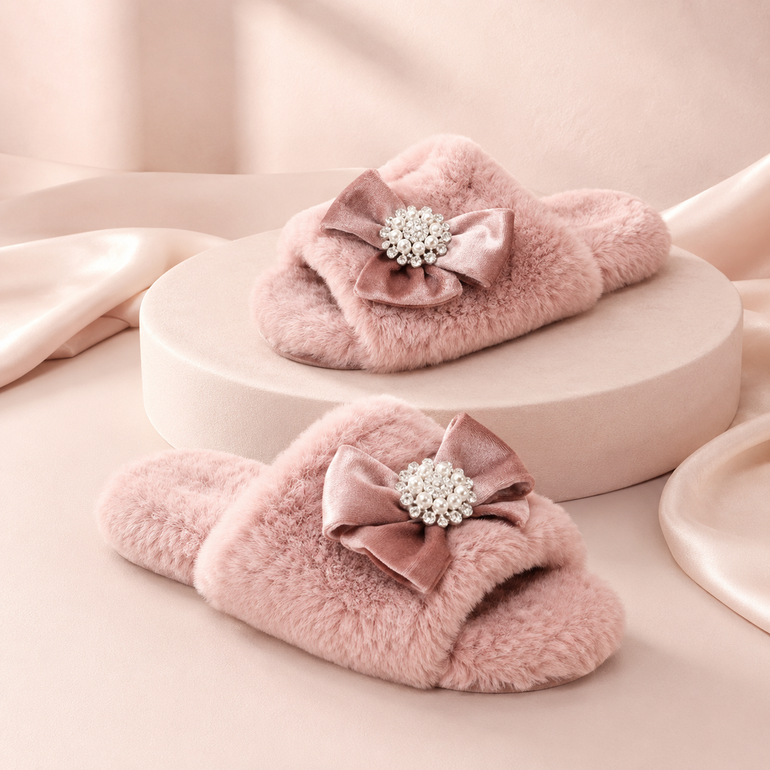 Faux Fur Slippers for Women in Pink, Velvet Bow Slip-On