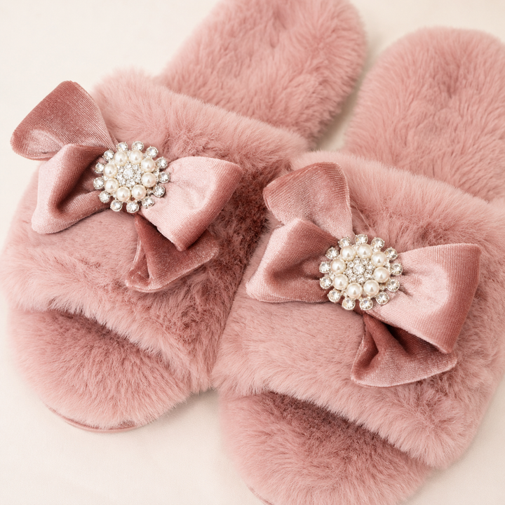 Faux Fur Slippers for Women in Pink, Velvet Bow Slip-On